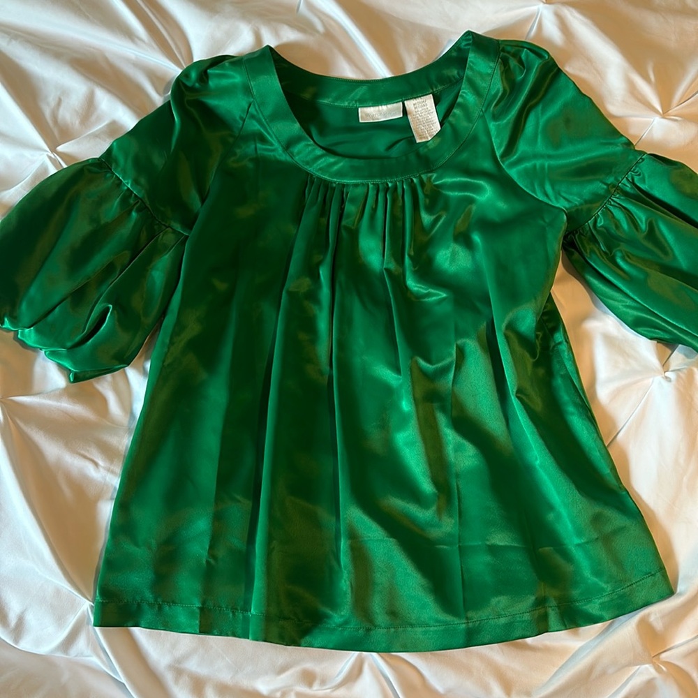 Worthington Kelly green balloon elbow sleeve satin blouse medium